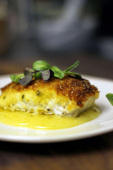 Halibut With Buerre Blanc, Fish With Buerre Blanc, Sophisticated Dessert Recipes, Halibut With Crab Topping, Homes On The Water, Gourmet Fish Recipes, Buerre Blanc, Crusted Halibut, Entertaining Appetizers