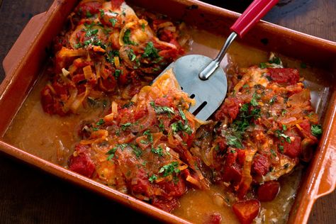 Greek Baked Fish With Tomatoes and Onions Recipe - NYT Cooking Sauce For Fish, Mediterranean Fish Recipe, Nyt Cooking, Onion Recipes, Baked Fish, Fish Dishes, Seafood Dishes, Greek Recipes, Mediterranean Recipes