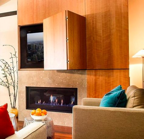 Recessed area for TV over fireplace with "Hidden" doors made from same tile as overall structure.  Not visible when closed. Hide Tv Over Fireplace, Hidden Tv Cabinet, Hide Tv, Tv Over Fireplace, Contemporary Family Room, Trendy Door, Sliding Screen Doors, Modern Tv Cabinet, Tv Cabinet Design