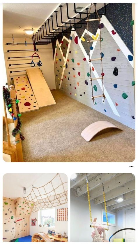 Indoor Jungle Gym Diy Basement, Ninja Warrior Basement, Gym Playroom Combo, Playroom With Climbing Wall, Rock Climbing Wall In House, Indoor Ninja Course For Kids, Bedroom Climbing Wall, Indoor Jungle Gym Diy, Indoor Trampoline Playroom