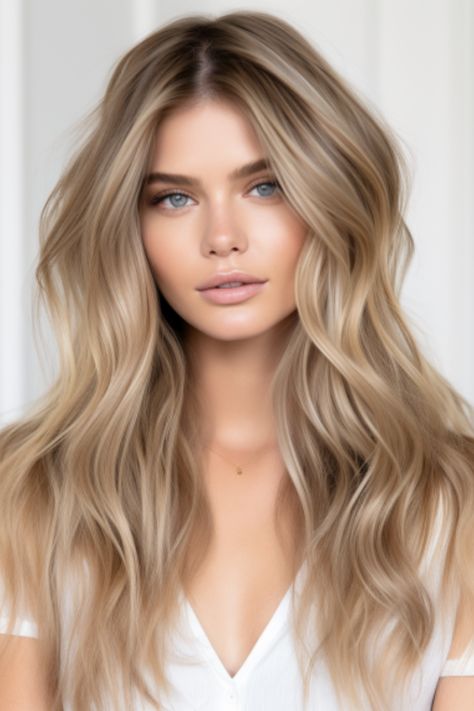 The blonde shade with highlights of sea salt gives off a relaxed and carefree beach vibe. These sea salt highlights naturally create a sun-kissed look for your hair. Click here to check out more stunning blonde hair color ideas in 2023. Blonde Hair Change Ideas, Quiet Luxury Hair Color, Blonde With Natural Roots, Trending Blonde 2024, Blonde Hair With Fair Skin, Neutral Tone Blonde, Linen Blonde Hair, Old Money Blonde Hair Color, Toned Down Blonde Hair