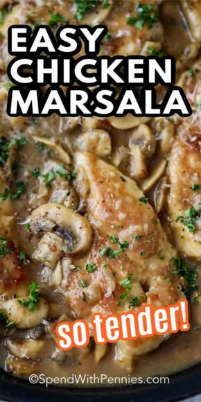 Chicken Marsala is an Italian-inspired dish made with chicken breast fillets dredged in flour, pan fried in oil, and then submerged in a rich Chicken Marsala mushroom sauce. #spendwithpennies #chickenmarsala #maincourse #chicken #marsalasauce #chickendish #withpasta #withchicken Easy Chicken Marsala Recipe, Easy Chicken Marsala, Chicken Marsala Recipe, Chicken Thights Recipes, Chicken Marsala Easy, Marsala Recipe, Marsala Chicken Recipes, Healthy Chicken Recipes Easy, Chicken Entrees