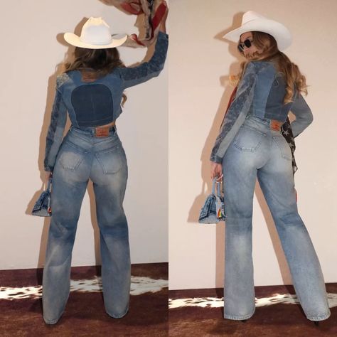 Beyonce Jeans Outfits, Beyonce In Jeans, Beyonce Levis Jeans, Beyonce Denim Outfit, Country Denim Outfits, All White Western Outfit, Beyonce Cowboy Outfit, Beyonce Western Outfits, Beyonce Country Outfits