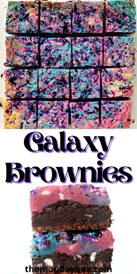 Galaxy Brownies are topped with swirls of colorful, star speckled blondie. Fudgy brownie deliciousness! Perfect for fans of Star Wars, space, and space themed parties. Galaxy Brownies, Star Wars Torte, Healthy Baking Alternatives, Sugar Free Pastries, Star Wars Space, Cakes Easy, Vegan Pastries, Fudgy Brownie, Making Cakes