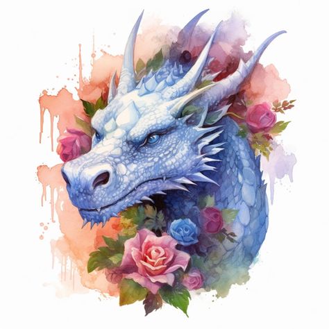 Dragon With Flowers, Photo Strip, Dragon Tattoo Designs, Animal Drawing, Dragon Head, Blue Dragon, Dragon Tattoo, Rose Tattoo, Cute Images