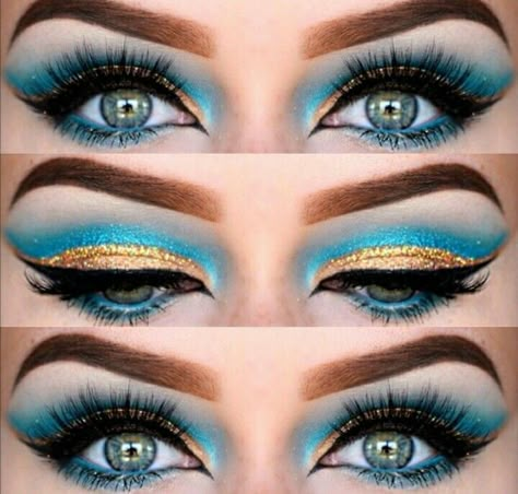 Gold lid and turquoise cut crease Turquoise And Gold Eye Makeup, Cleopatra Make-up, Aladdin Makeup, Egyptian Make Up, Eyeshadow Art, Diy Karneval, Extreme Make-up, Carnaval Make-up, Cleopatra Makeup