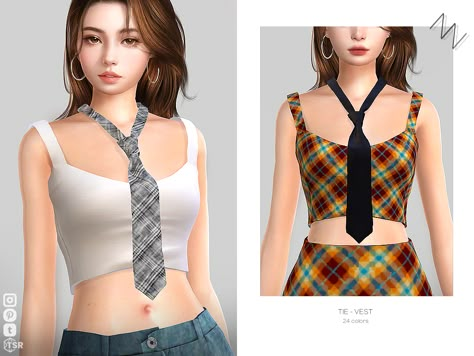 The SIMS 4 custom content can be downloaded at TSR #sims4 #sims4cc #sims4clothes Sims 4 Tie Accessory, Sims 4 Cc Vest, Sims 4 Vest, Sims 4 Cas Ideas, Sims 4 Necklace, Sims 4 Cc Links, Flannel Tied, The Sims 4 Accessories, Sims 4 Cc Accessories