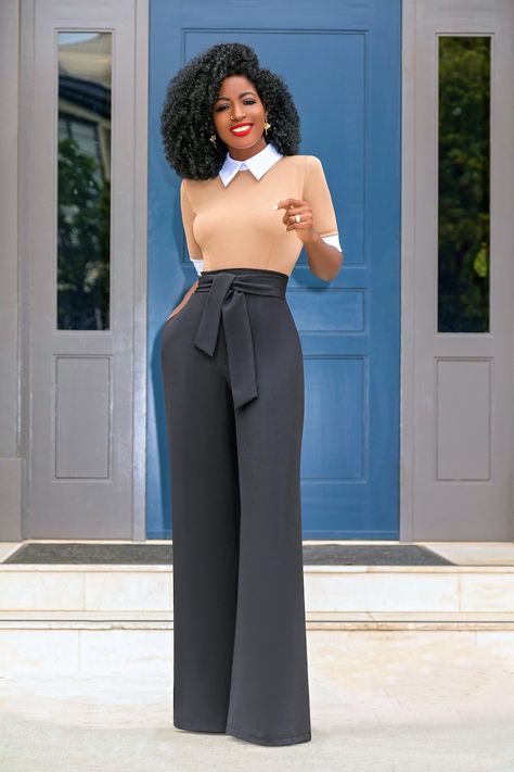 Color Block Jumpsuit w/ Contrast Collar Business Professional Outfits, Style Pantry, Business Attire Women, Wayne Gretzky, Professional Outfits Women, Elegante Casual, Classy Work Outfits, Professional Attire, Contrast Collar