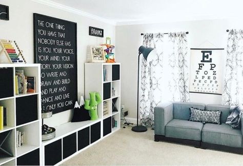 Modern Play Room Ideas, Storage solutions for kids toys, Home Decor, Home Interiors, Play Room Designs, Black and White Play Room, Decor Ideas for Kids,  Home Decor Blogger, Blog, #blog #homedecor #kids #playroomideas #playroom #homeinteriors #playroomdecor #modernhome #moderndecor #kidspace Playroom Modern, Room Ideas Storage, Play Room Decor, Basement Playroom, Toddler Playroom, Playroom Design, Toy Room, Room Goals, Toy Rooms