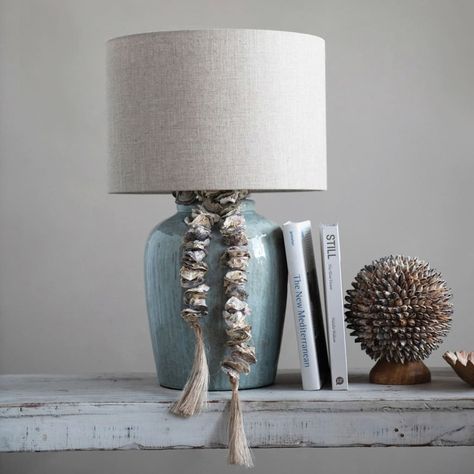 25" Aqua Reactive Glass Coastal Stoneware Table Lamp with Linen Shade | Michaels Oyster Shell Garland, Stoneware Lamp, Cozy Coastal Cottage, Shell Garland, Farmhouse Coastal, Blue Table Lamp, Shell Decorations, Coastal Boho, Entry Tables