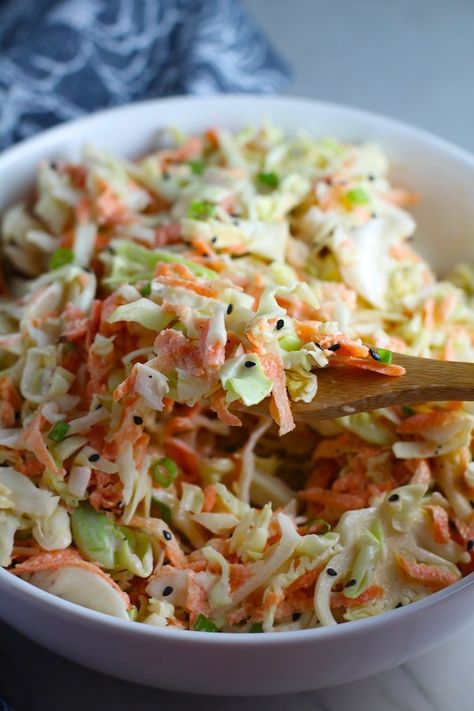 Sesame Asian Coleslaw ~ Talking Meals ~ Side Dish Teriyaki Coleslaw Asian Slaw, Asian Coleslaw Dressing, Japanese Coleslaw, Asian Salad Dressing Recipe, Asian Coleslaw Recipe, Asian Salads, Macaroni Salads, Salad Coleslaw, Coleslaw Recipes