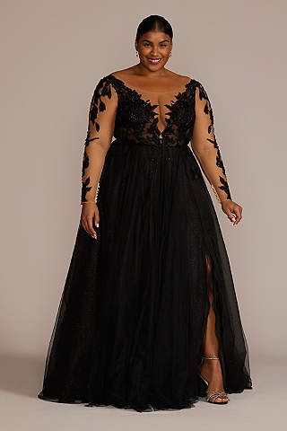 View Long Sleeves Long Wedding Dress at David's Bridal Plus Size Black Wedding Dresses, Black Wedding Dresses Plus Size, Black Maid Of Honor Dress, Black Plus Size Wedding Dress, Plus Size Gala Dress, Plus Size Semi Formal, Lace Maxi Dresses, Black V Neck Long Sleeve, Witches Ball