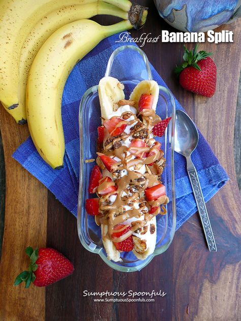 Breakfast Banana Splits | Sumptuous Spoonfuls Healthy Cholesterol Breakfast, Low Cholesterol Breakfast, Greek Yogurt Granola, Cholesterol Friendly Recipes, Peanut Butter Drizzle, Cholesterol Meals, Eggless Breakfast, Mediterranean Foods, Breakfast Banana