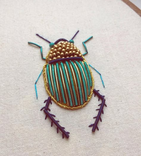 Ornate Insect Embroideries by Humayrah Bint Altaf Incorporate Antique Materials and Metallic Beads | Colossal Contemporary Embroidery, Embroidered Art, A Bug, 자수 디자인, Silk Ribbon Embroidery, Gold Work, Embroidery Inspiration, Ribbon Embroidery, Embroidery Techniques