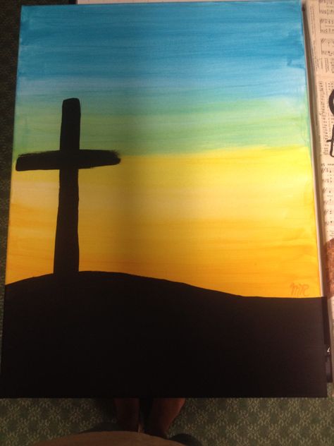 Sunset cross painting Cross Sunset Painting, Cross On A Hill Painting, Cross Art Painting, Closet Paint, Christian Art Painting, Hand Painted Bible Cover, Cross Painting, Birthday Canvas, Church Painting