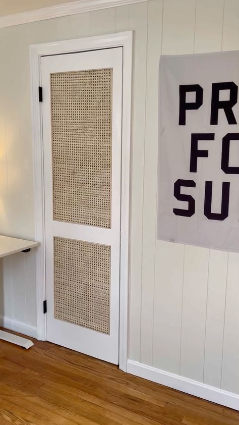 Beachy Closet Doors, Vented Door Ideas, Furnace Door Ideas, Diy Rattan Door, Rattan Closet Doors, Louvered Door Ideas, Wicker Door, Jute Door, Laundry/mudroom Ideas