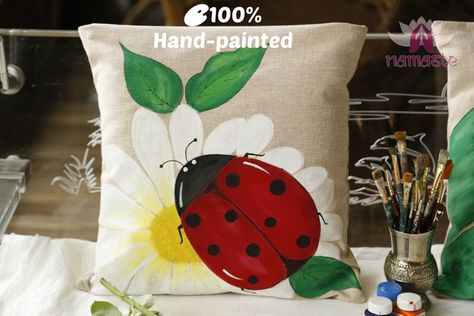 Hand Painted Cushion Covers, Painted Cushion Covers, Ladybug On Flower, Bug Pillow, Hand Painted Pillows, Flower Background Design, Garden Cushions, Oil Color, Bird Gifts