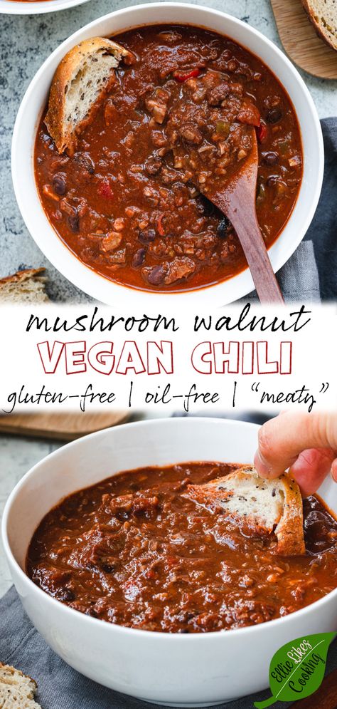 Healthy Vegan Chili Recipe, Walnut Chili Vegan, Hearty Vegan Chili Recipe, Black Bean Chili Vegan, Pecan Chili Vegan, Vegan Walnut Meat Recipes, Pecan Meat Vegan, Walnut Meat Vegan, Vegan Supper Recipes