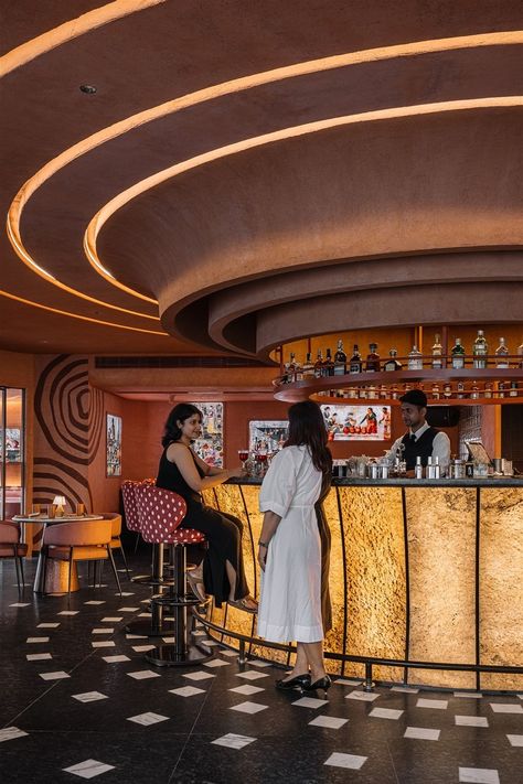 tactile earthen surfaces capture essence of jaipur at idyll restaurant in bengaluru Bar Lounge Design, Rooftop Restaurant Design, Mid Century Modern Interior Design, Terracotta Roof, Brick Architecture, Mid Century Modern Interiors, Lobby Design, Rooftop Restaurant, Bar Interior