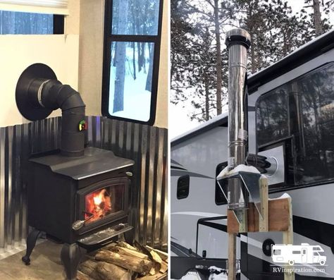 Wood stove in an RV | RVinspiration.com Trailer Wood Stove, Camper With Wood Stove, Wood Burning Stove In Rv, Wood Stove In Camper, Wood Stove In Rv, Rv Woodstoves, Rv Wood Burning Stove, Wood Burning Stove In Camper, Camper Wood Stove