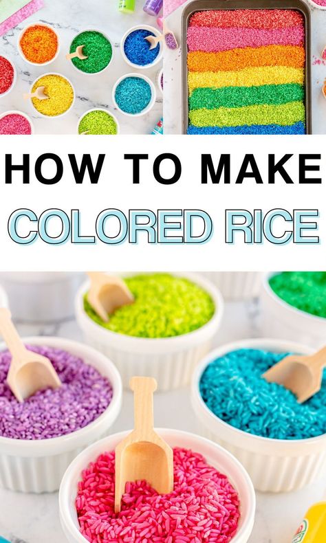 How to make colored rice the easy way using one simple ingredient! Color Wars Activities For Kids, Crafts With Rice, Coloring Rice, Rice Painting, Rice Craft, Coloured Rice, Rice Art, Sensory Rice, Color Rice