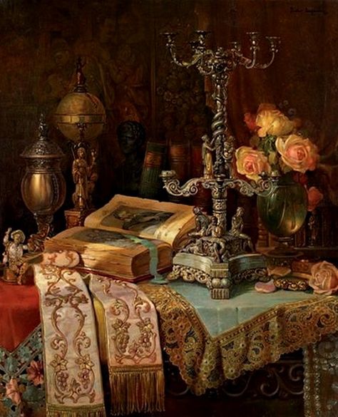 Ludwig Augustin (1882-1960) —  Still Life with Book and Scientific Instruments on a Table  (567x700) Still Life With Books, Scientific Instruments, Magical Room, Victorian Paintings, Rennaissance Art, English Decor, Victorian Costume, Clock Art, Phone Wallpaper Patterns