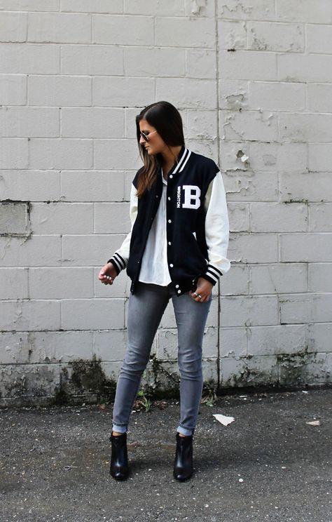 Next Step Varsity | varsity jacket, booties, fall outfit College Jackets Outfit, Letterman Jacket Outfit, Baseball Jacket Outfit, Senior Jackets, Nordstrom Jeans, Varsity Jacket Outfit, Varsity Jacket Women, Jacket Outfit Women, College Jackets