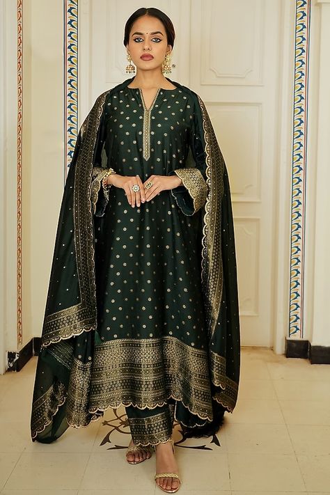 Dark Green Self Woven Vegan Silk Kurta Set Design by Safaa at Pernia's Pop Up Shop 2023 Silk Kurta Set, Satin Color, Pernia Pop Up Shop, Fashion App, Indian Ethnic Wear, Embroidered Jacket, Kurta Set, Ethnic Wear, Set For Women