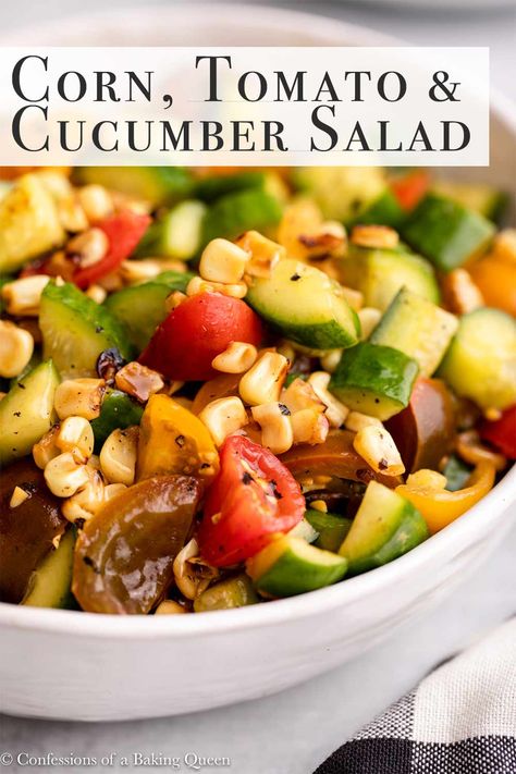 Corn Tomato Cucumber Salad is the perfect summer salad for your BBQ! Filled with crunchy veggies and sweet tomatoes then tossed in an easy balsamic dressing this summer salad recipe is sure to hit the spot! Corn Tomato Cucumber Salad, Tomato And Cucumber Salad, Tomato And Cucumber, Crunchy Veggies, Lemon Salad, Tomato Cucumber Salad, Campfire Recipes, Galette Recipe, Tomato Cucumber