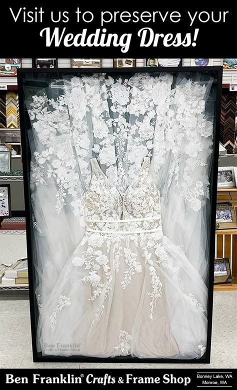 Wedding Dress Display Frame, Diy Wedding Dress Shadow Box Display, Framed Wedding Veil, Wedding Veil Preservation Ideas, Wedding Dress Box Display, Wedding Dress Framing, Wedding Dress In Shadow Box Display, Wedding Dress Framed, Shadow Box Wedding Dress