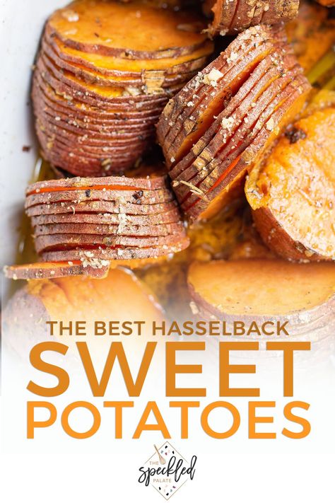 Hasselback Sweet Potatoes are delicious, simple side dish that is ready in an hour. This convertible sweet potato recipe is excellent alongside any dinner or at the holiday table. #EasyEntertaining #SpeckledPalate Sweet Potato Hasselback, Best Sweet Potato Recipe, Hasselback Sweet Potato, Hassleback Sweet Potatoes, Potato Delight, Best Baked Sweet Potato, Good Sweet Potato Recipe, Easy Sweet Potato Recipes, Hasselback Sweet Potatoes