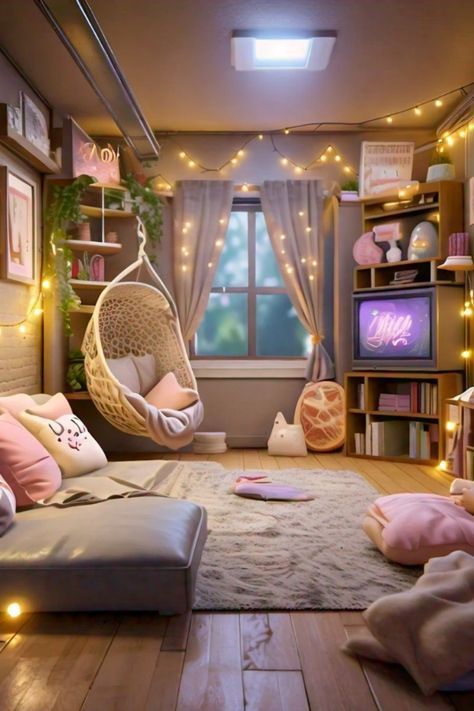 Cute Filming Room Ideas, Bright Cozy Reading Room, Cool Rooms For Teens, Girly Hangout Room, Teen Art Room, Lounge Room Aesthetic, Teen Reading Nook, Kids Hangout Room Ideas, Chill Room Ideas Lounges