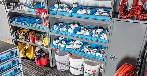 Plumbing Organization Storage Ideas, Plumbing Van Setup, Plumbing Van Organization, Plumbing Truck Organization, Work Van Storage Ideas, Work Van Organization Ideas, Van Setup, Work Truck Organization, Work Truck Storage