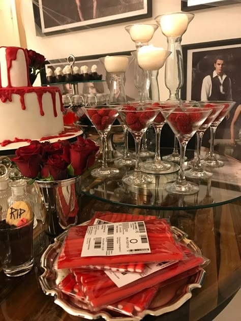 Spooky Party Aesthetic, Halloween Party Vampire Theme, Vampire Diaries Halloween Party, Classy Vampire Party, Friday 13 Theme Party, Vampire Dinner Party Table Settings, The Vampire Diaries Themed Party, Vampire Diaries Party Theme, Vampire Diaries Birthday Theme