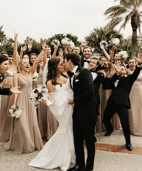 Bridesmaid And Bestman Colors, Black Suits Champagne Dresses, Taupe Bridesmaid Dresses And Groomsmen Black Suits, Taupe Bridal Party Groomsmen, Champagne Wedding Theme Groomsmen, Champagne And Black Bridal Party, Champagne Bridal Party Groomsmen, Champagne And Black Wedding Party, Taupe Groomsmen Attire