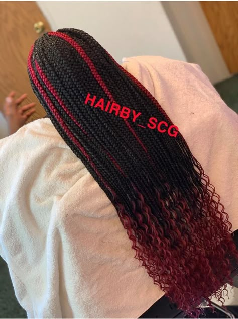 Black And Burgundy Box Braids, Box Braids With Wavy Ends, Braids With Wavy Ends, Box Braids With Color, Box Braids Ombre, Small Knotless Box Braids, Box Plaits, Triangle Part Braids, Burgundy Box Braids