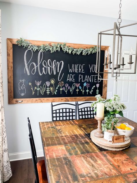 Dining Room Chalkboard Ideas, Chalkboard Wall Diy, Chalkboard Art Ideas, Spring Chalkboard Art, Summer Chalkboard Art, Wall Chalkboard, Chalkboard Kitchen, Spring Chalkboard, White Baseboards