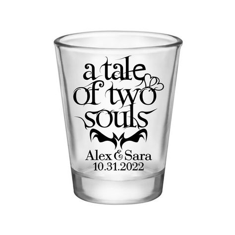 Cheap Halloween Wedding Ideas, A Tale Of Two Souls Wedding, Elegant Halloween Wedding, Colored Wedding Rings, Halloween Shot Glasses, Halloween Wedding Ideas, Halloween Wedding Favors, Horror Wedding, Personalized Shot Glasses