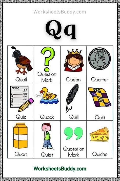 Q Word Family Worksheets For Kindergarten - Words That Start With Q Q Words For Kids, Q Words, Words With Q, Letter Q Worksheets, Word Family List, Counting Worksheets For Kindergarten, Free Kindergarten Printables, Worksheets For Class 1, Preschool Fall