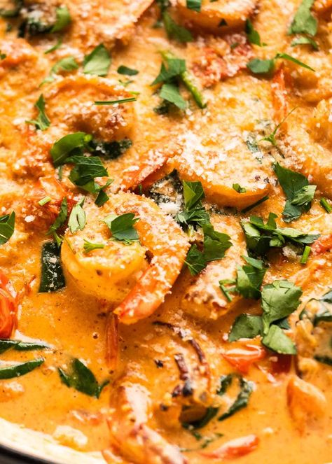 Tuscan Shrimp: tender shrimp, garlic, tomato, aromatic herbs drenched in a creamy sauce. Perfect for serving with noodles, bread, or zoodles! Keto Creamy Tuscan Shrimp, Shrimp And Tomato Recipes, Shrimp Tuscan, Cheese Chaffles, Shrimp Tomato Pasta, Low Carb Ranch Dressing, Italian Shrimp Recipes, Tuscan Shrimp, The Best Keto Recipes