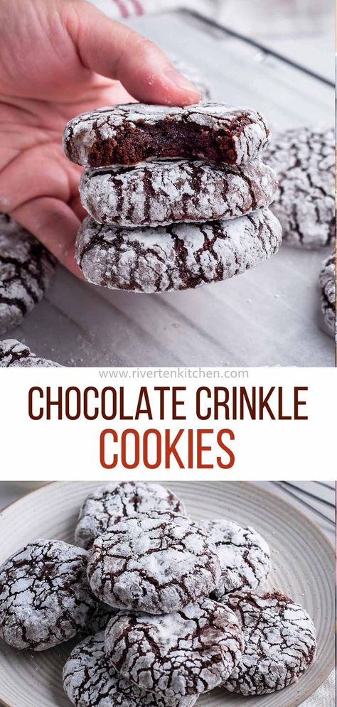 chocolate cookies covered in powdered sugar Upstate Ramblings, Chocolate Crinkle Cookies Recipe, Brownie Vegan, Gooey Butter Cookies, Crinkle Cookies Recipe, Chocolate Crinkle, Cookies From Scratch, Diy Easy Recipes, Fudgy Brownie