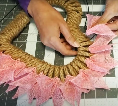 How To Make Heart Wreath - DIY Farmhouse Decor - Valentines Day Decor Jute Heart Wreath, Farmhouse Heart Wreath, Valentine's Day Wreath Diy Dollar Tree, Diy Valentines Door Decor, Rope And Ribbon Wreath Diy, Heart Shape Wreath Diy, Jute Wreath Diy, Wooden Bead Heart Wreath, Heart Shaped Wreaths Diy