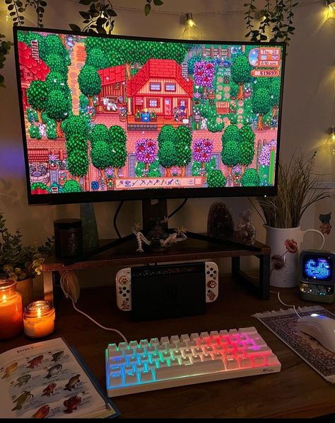 Stardew Valley Pc Setup, Switch Set Up Aesthetic, Gamer Vibes Aesthetic, Dark Gaming Room, Gaming Room Decor Ideas, Gaming Room Aesthetic, Pc Gaming Room, Aesthetic Gaming Room, Gaming Desk Decor