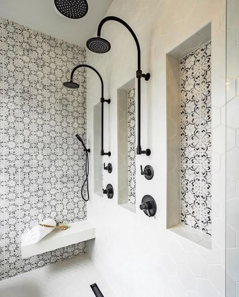 Master Bath Ideas Gray, Spanish Tile In Bathroom, Pattern Tile In Bathroom, Spanish Tile Accent Wall, Modern Tile Shower Walk In, Patterned Tile Shower Walls, Black Accent Master Bath, Tiled Accent Wall Bathroom, Mediterranean Tile Bathroom