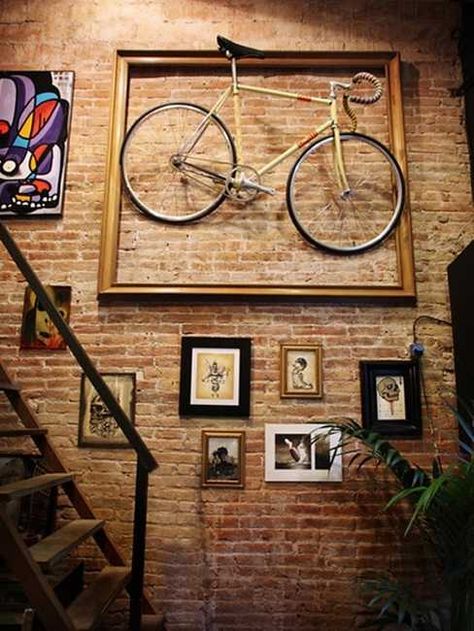 Decorative Ways to Store Bikes Indoor Adding Unusual Accents to Interior Design Bike Shop Interior, Brick Wall Interior Design, Bike Storage Home, Interior Creative, Brick Interior Wall, Home Interior Design Ideas, Bike Wall, Bicycle Decor, Manly Decor