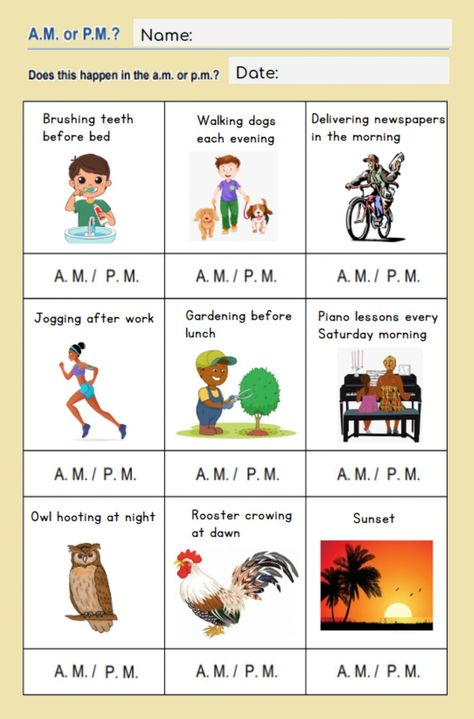 When?: A.M or P.M. worksheet Am And Pm Worksheets, Clock Worksheets, Korean Study, Kids Math, 2nd Grade Math Worksheets, Math Workbook, Time Worksheets, 2nd Grade Worksheets, Teaching Time