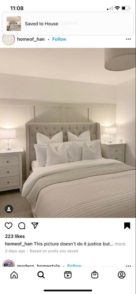 Room Ideas Aesthetic Calming, White Panelled Bedroom, Egyptian Cotton Panelling Bedroom, Bedroom Ideas Paneling, Wall Pannel Ideas For Bedroom, Panelled Walls Bedroom Ideas, Panelled Bedroom Ideas, Small Double Bedroom Ideas, Panelled Walls Bedroom