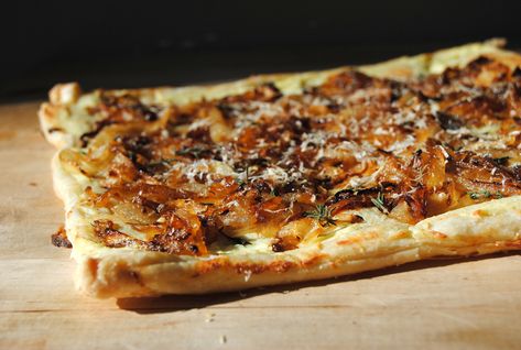 Carmelized Onion Tart, Onion Appetizers, Puff Pastry Recipes Savory, Ricotta Tart, Shortcrust Pastry Recipes, Caramelised Onion Tart, Thyme Salt, March Break, Onion Tart