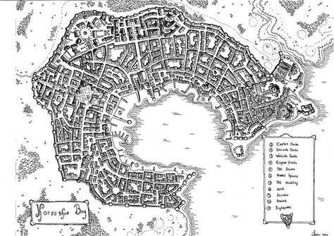 A top-down perspective map of a fantasy city named Horseshoe Bay. Buy your own art print of this hand-drawn map here! Every map has a hand-drawn signature by me. Use this city for your own tabletop roleplaying adventures in D&D, Pathfinder, or any other ruleset of your preference. You can easily Fantasy City Names, Fantasy City Map, Middle Earth Map, Dnd World Map, Horseshoe Bay, City Gallery, Hand Drawn Map, Drawn Map, View Art