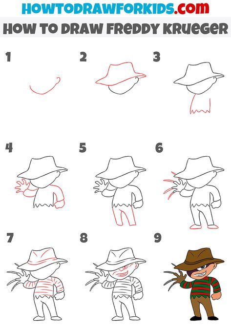 how to draw freddy krueger step by step How To Draw Freddy Krueger, How To Draw Jason Voorhees, Freddy Kruger Drawings Easy, How To Draw Jason, How To Draw Scary Things, Freddy Krueger Drawing Easy, Scary Movie Drawings, Freddy Krueger Drawing, Jason Drawing